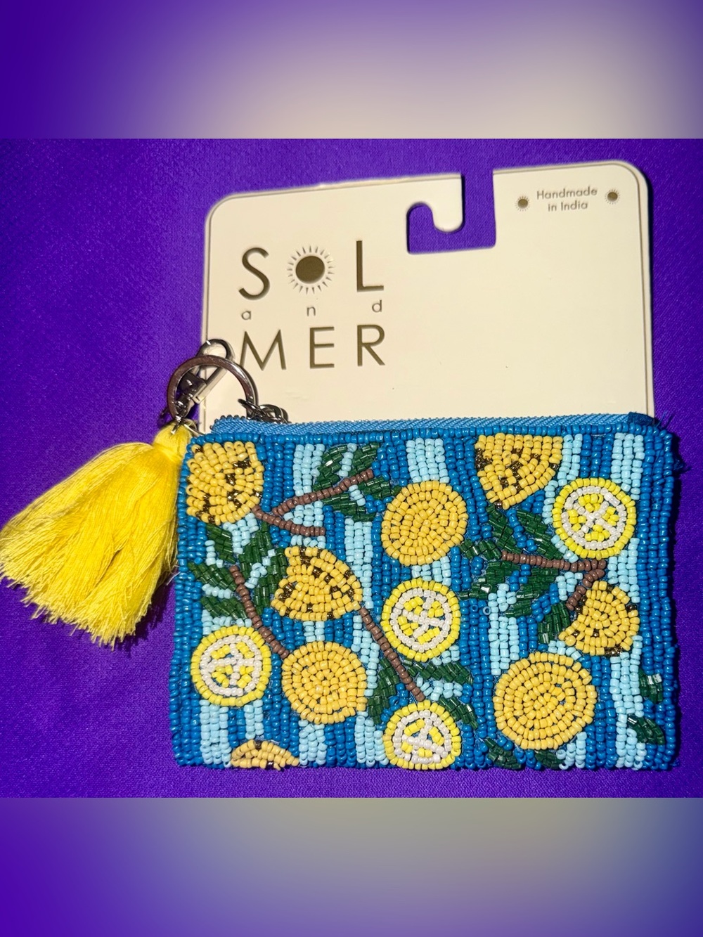SOL and Mér Beaded Lemon Wristlet Clutch in Blue and Yellow